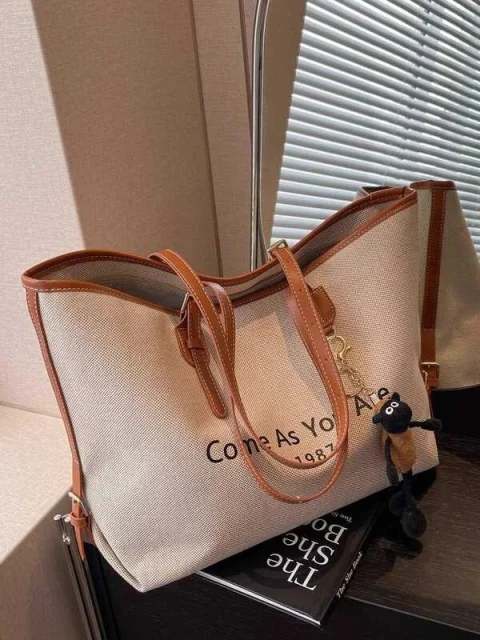 Women’s Large Canvas Tote Bag – “Come As You Are” Shoulder Handbag with Leather Trim, Casual Fashion Shopper Bag for Work, Travel & Everyday Use