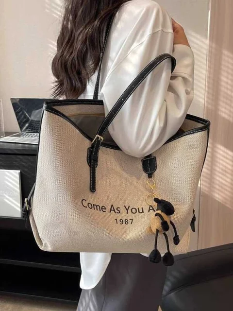 Women’s Large Canvas Tote Bag – “Come As You Are” Shoulder Handbag with Leather Trim, Casual Fashion Shopper Bag for Work, Travel & Everyday Use 3