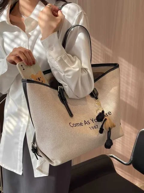 Women’s Large Canvas Tote Bag – “Come As You Are” Shoulder Handbag with Leather Trim, Casual Fashion Shopper Bag for Work, Travel & Everyday Use 4