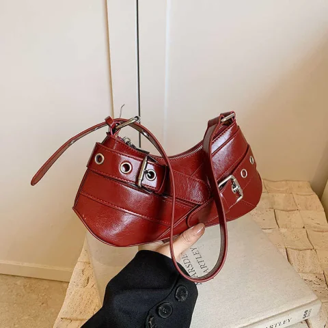 Women’s Vintage Red Shoulder Bag – Retro PU Leather Baguette Handbag with Buckle Detail, Fashion Mini Shoulder Purse for Party, Travel & Everyday Use 9