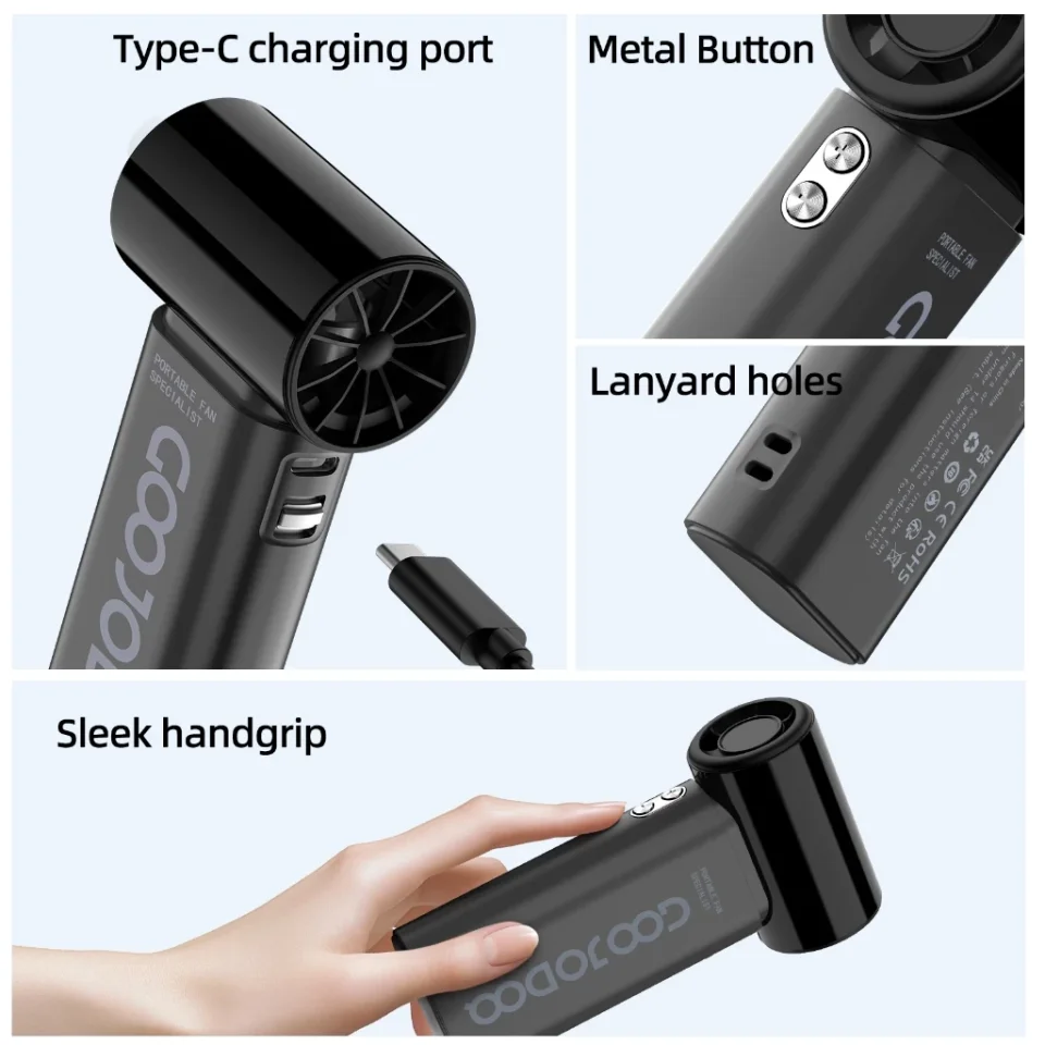GOOJODOQ Fan GFS007 4000 mAh Turbo Mini Fan Rechargeable Handheld Portable Strong Wind Jet Hand