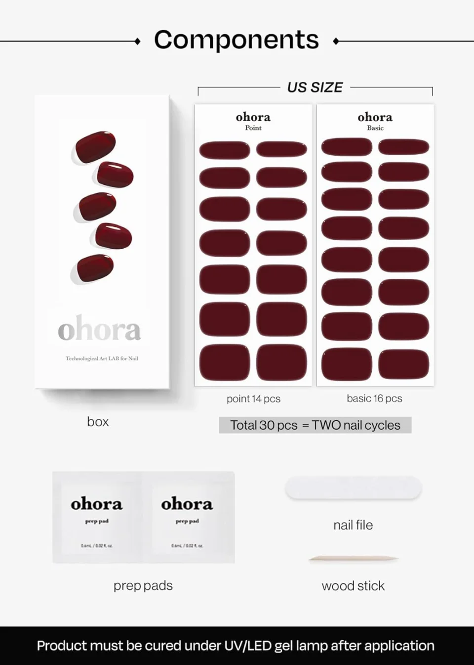 ohora Semi Cured Gel Nail Strips (N Classic Burgundy) - Red, Solid, Works with Any UV/LED Lamps, Salon-Quality, Long Lasting, Easy to Apply & Remove - Includes 2 Prep Pads, Nail File & Wooden Stick